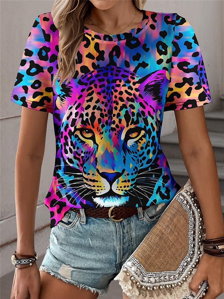 Femme T shirt Léopard Mode Manche Courte Col Ras du Cou Hauts réguliers du quotidien Fin de semaine Imprimer Bleu Violet Fuchsia Vert Gris Eté de 2025 ? $19.99 –P7
