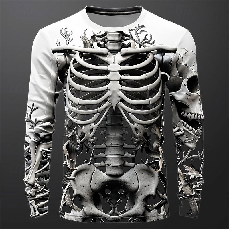 2025年 男性用 グラフィック スケルトン Tシャツ 長袖 Tシャツ 3Dプリント クルーネック シャツ ファッション カジュアル サブカルチャー スポーツ・アウトドア 祝日 お出かけ ブラック ホワイト ブルー 春 & 秋 衣類 S M L XL 2XL 3XL  コレクション – $19.99 –P6