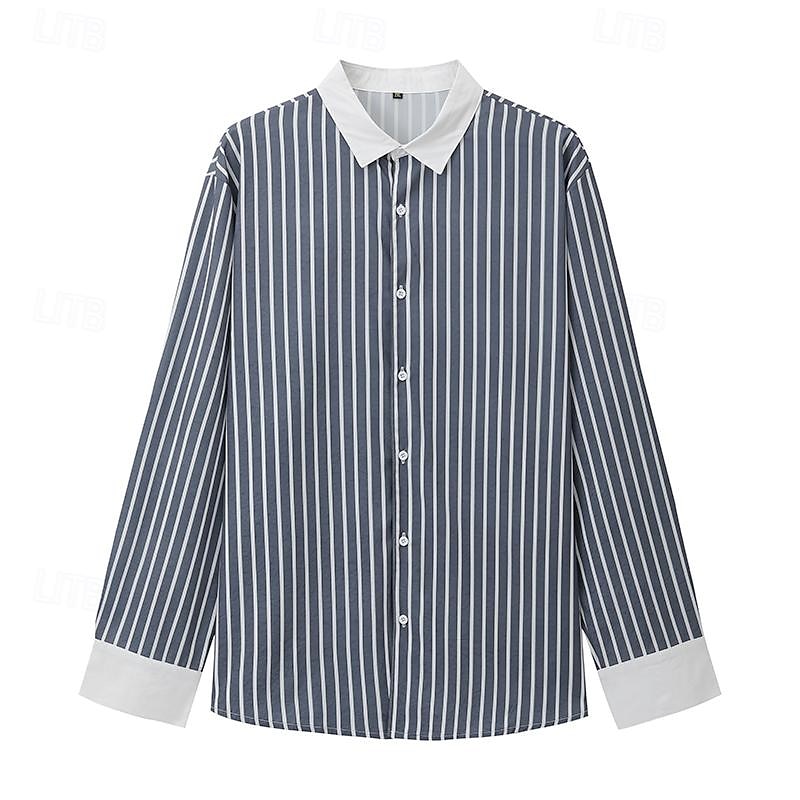 Herr Skjorta Franska manschettskjortor Skjorta med krage Randig Bröllop Arbete Svart Grå Långärmad Nedvikt Vår, Höst, Vinter, Sommar Kläder Button-Down 2025 - $18.99 –P1