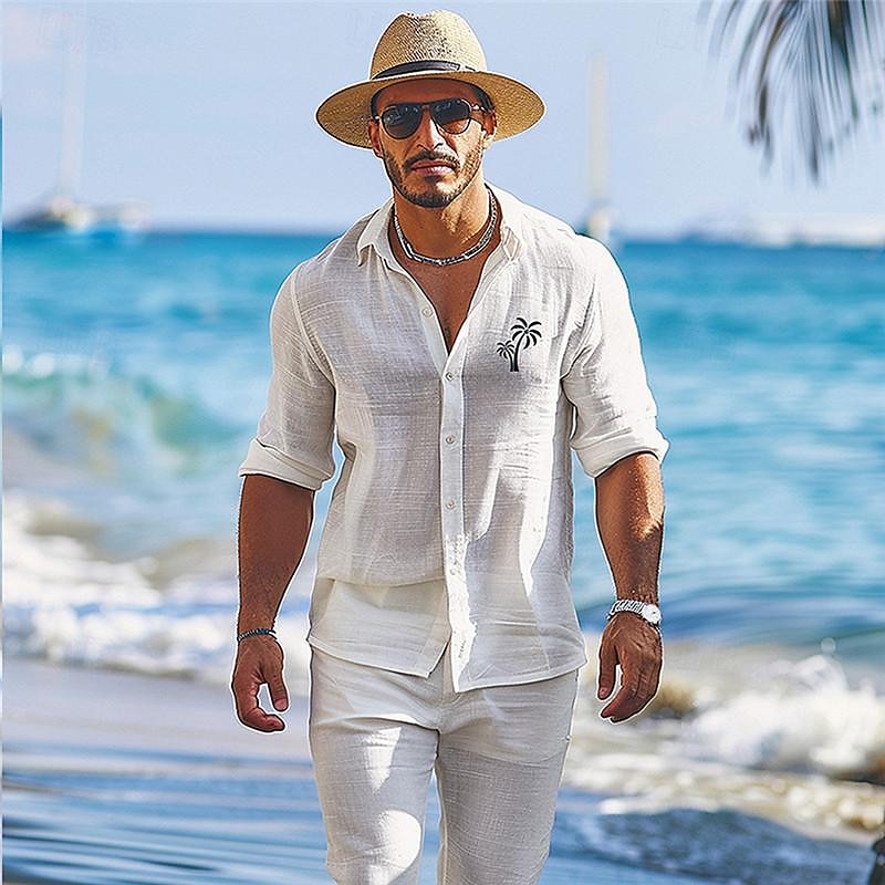 Voor heren linnen overhemd Strand hemd Grafisch overhemd Palmboom Vakantie Curise Wit blauw Lange mouw Strijkijzer Lente zomer Kleding Afdrukken 2025 - $25.99 –P14