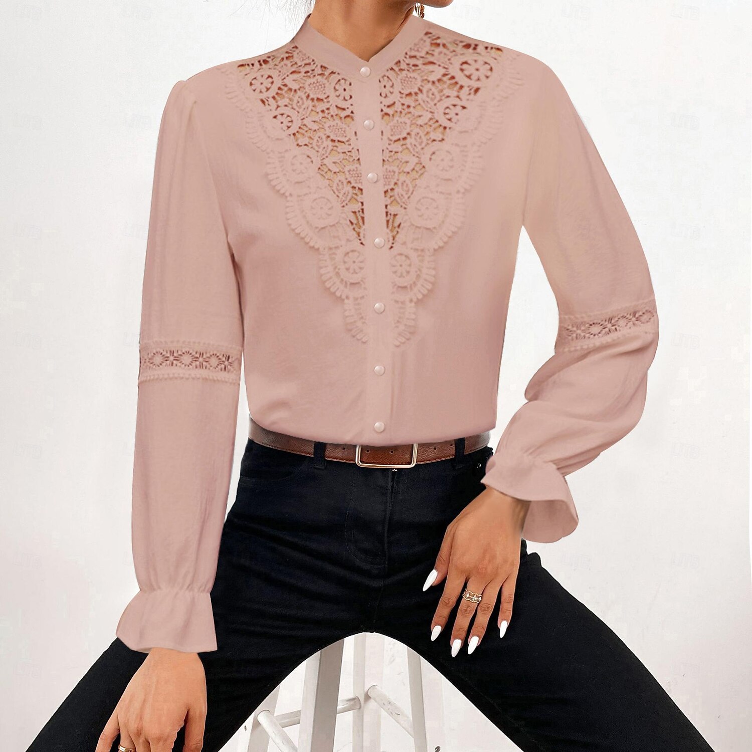 Hemd Spitzenhemd Bluse Weißes Spitzenhemd Damen Schwarz Weiß Rosa Feste Farbe Spitze Taste Strasse Täglich Modisch Stehkragen S 2025 - $29.99 –P15