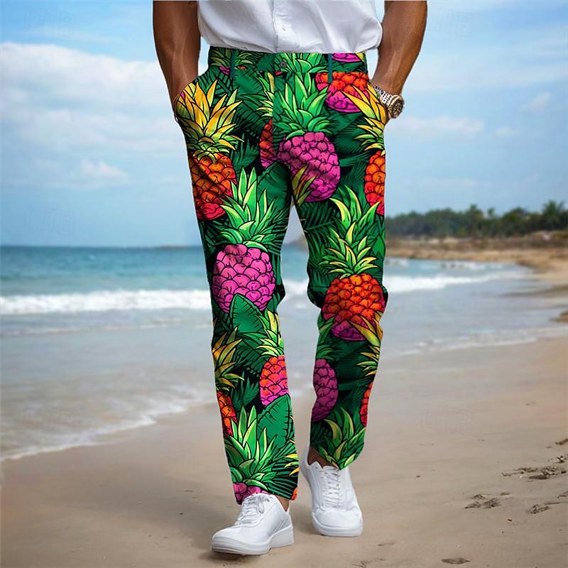 ananas dovolená havajské pánské letovisko 3D potištěné šaty kalhoty ploché přední rovné nohavice polyester střední pas kalhoty outdoor dovolená dovolená denní nošení s až 3xl 2025 - $29.99 –P4