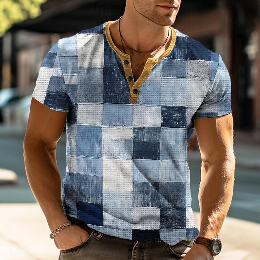 Plaid Faux Patchwork Pattern Men's Casual 3D Print T shirt Tee Henley Shirt Waffle T Shirt Sports Outdoor Casual Daily T shirt Light Blue Blue Sky Blue Short Sleeve Henley Shirt Spring & Summer 2025 - $20.99 –P7