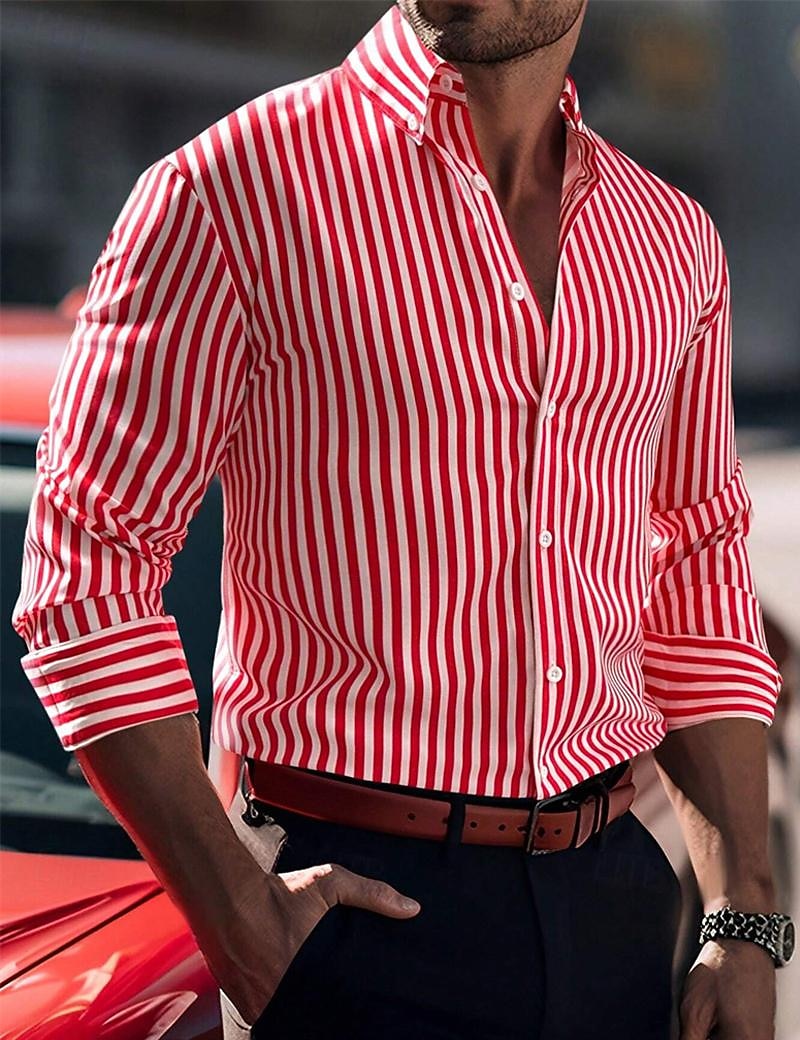Herren Hemd Sommerhemd Knopfhemd Lässiges Hemd Schwarz Rote Blau Langarm Streifen Kargen Täglich Urlaub Bekleidung Brautkleider schlicht Komfortabel Smart Casual 2025 - $22.99 –P7