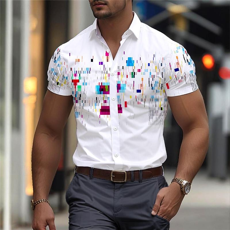 Voor heren Geometrisch patroon Geometrie Bedrukte overhemden Korte mouw Zakelijk informeel Buiten Straat Draag naar het werk Zomer Strijkijzer Afdrukken Button-omlaag Wit blauw Oranje 2025 - $24.99 –P10