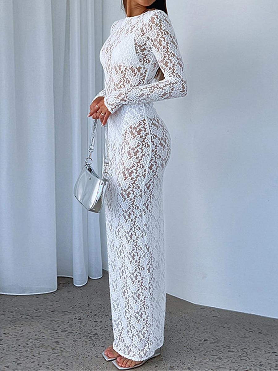 Pentru femei Rochie albă Rochie Lunga Rochie Maxi Dantelă Peteci Dată Vacanță Șic Stradă Maxi Rotund Manșon Lung Negru Alb Culoare 2025 - $33.99 –P4