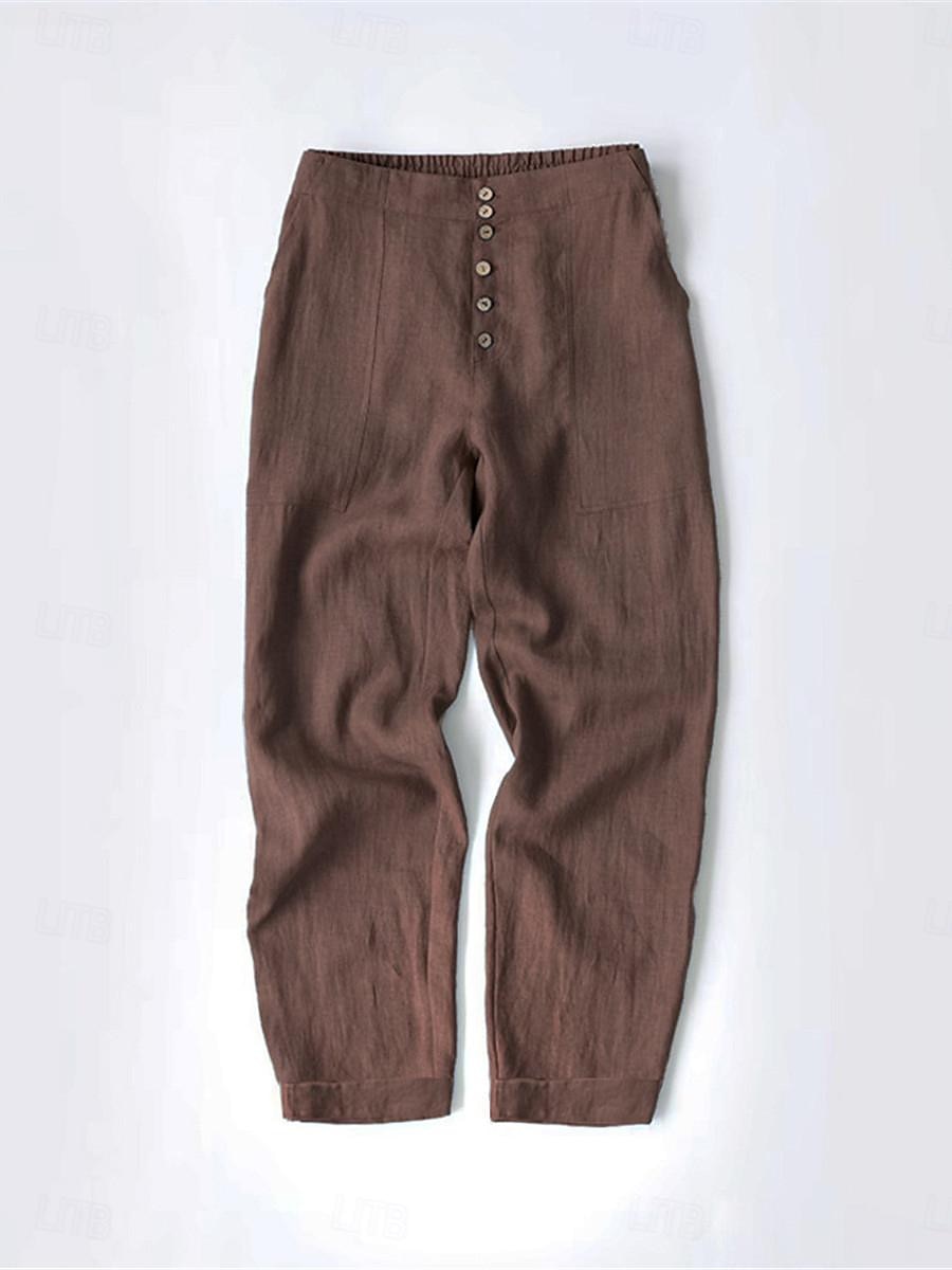 Women's Cotton Linen Pants Fashion Basic Comfort Pure Color Pocket Elastic Waist Breathable Micro-elastic Street Daily Black White Navy Blue Brown Summer 2025 - $21.99 –P3