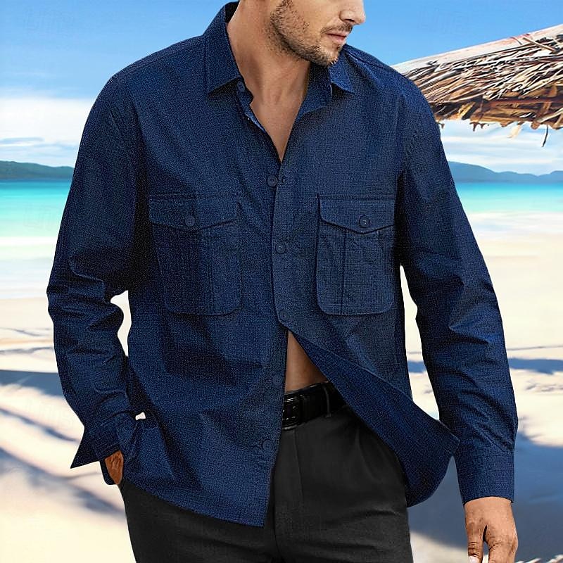Herren Hemd leinenhemd Sommerhemd Strandbekleidung Knopfhemd Glatt Urlaub Curise Schwarz Marineblau Blau Khaki Langarm Kargen Frühling Sommer Bekleidung Tasche 2025 - $26.99 –P5