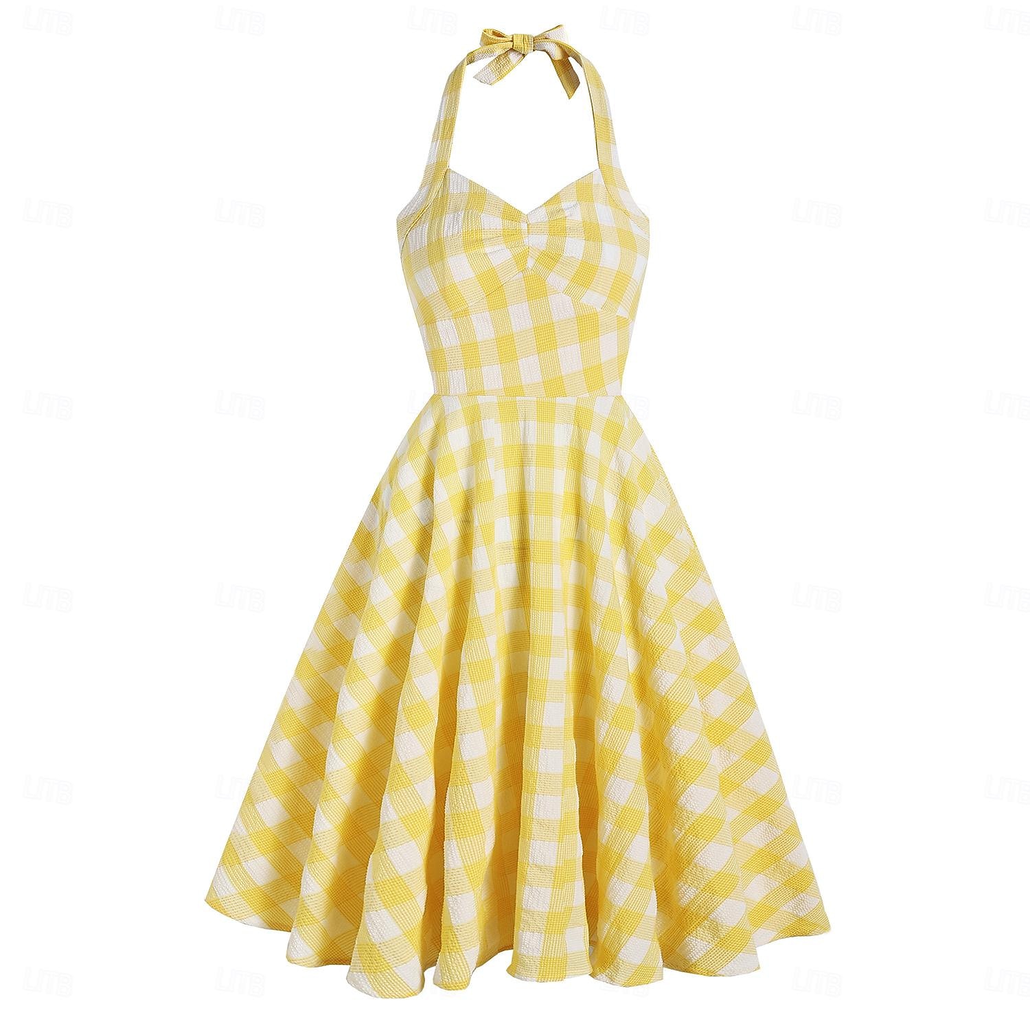 Retro Vintage 1950er Rockabilly Swing-Kleid Kariert Vichy-Karo A-Linie Neckholder Kostüm Damen Junggesellinnenabschiedsparty Erwachsene Kleid Abschlussballkleider Frühling & Sommer 2025 - $38.99 –P14