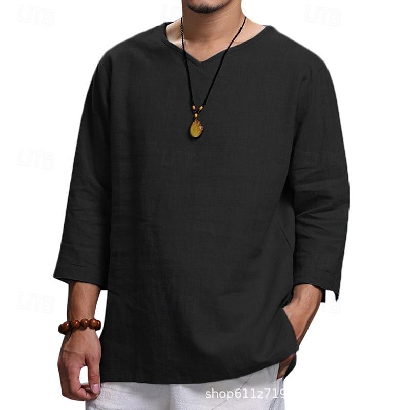 Men's Shirt Summer Shirt Casual Shirt Beach Shirt Black Navy Blue khaki Beige Light Blue Long Sleeve Plain V Neck Holiday Vacation Clothing Apparel Fashion Casual Comfortable 2025 - $17.49 –P4