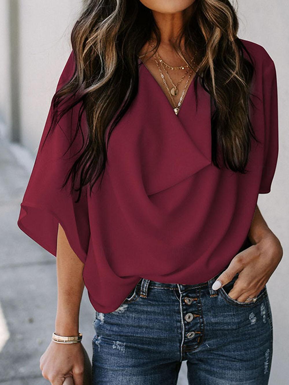 Hemd Bluse Damen Schwarz Weiß Wein Feste Farbe Rüschen Strasse Täglich Modisch V Ausschnitt S 2025 - $25.99 –P8