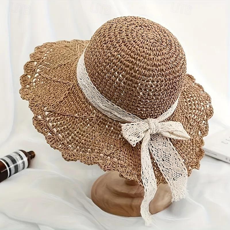 1 pcs Summer Handmade Crochet Lace Straw Hat For Women With Wide Brim Foldable Beach Hat 2025 - $35.99 –P5