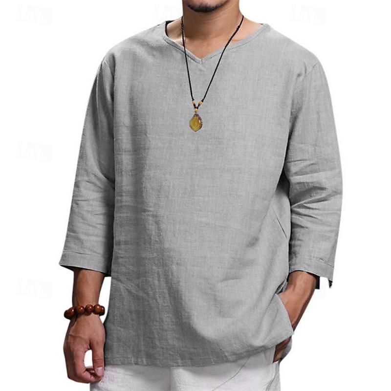 Men's Shirt Summer Shirt Casual Shirt Beach Shirt Black Navy Blue khaki Beige Light Blue Long Sleeve Plain V Neck Holiday Vacation Clothing Apparel Fashion Casual Comfortable 2025 - $17.49 –P6