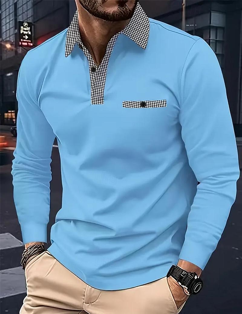 Men's Polo Shirt Golf Shirt Casual Sports Lapel Long Sleeve Fashion Basic Color Block Houndstooth Patchwork Button Spring & Fall Regular Fit White Red Navy Blue Khaki Light Blue Polo Shirt 2025 - $15.49 –P5
