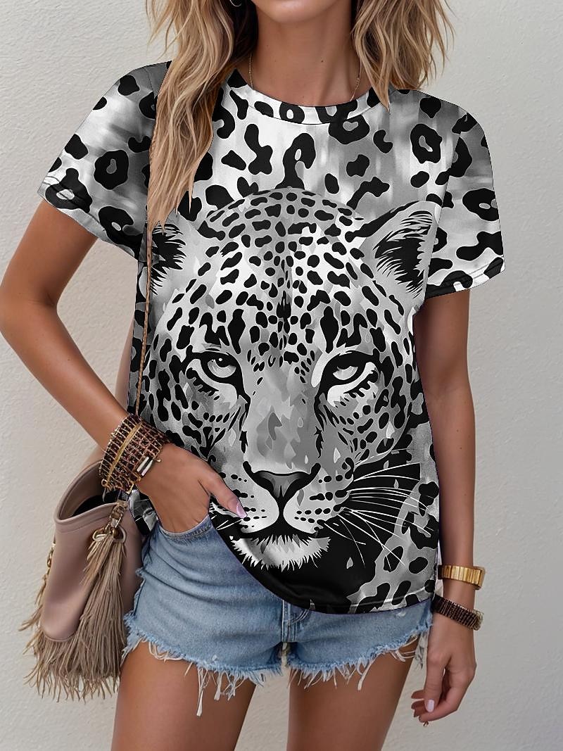 Femme T shirt Léopard Mode Manche Courte Col Ras du Cou Hauts réguliers du quotidien Fin de semaine Imprimer Bleu Violet Fuchsia Vert Gris Eté de 2025 ? $19.99 –P3