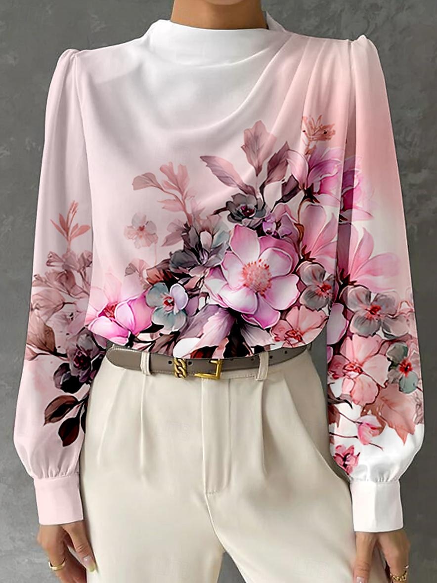 Blouse Femme Longue Manches Mode Imprimé Floral Tops Régulier Col Rond Travail Blanc Rose Bleu Vert Printemps  Automne de 2025 ? $32.99 –P2
