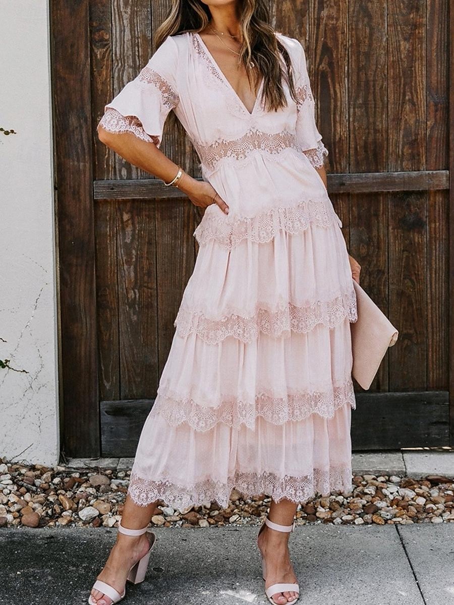 Women's White Dress Long Dress Maxi Dress Lace with Sleeve Wedding Date Vacation Elegant Bohemia V Neck Half Sleeve Black Pink Color 2025 - $63.99 –P12