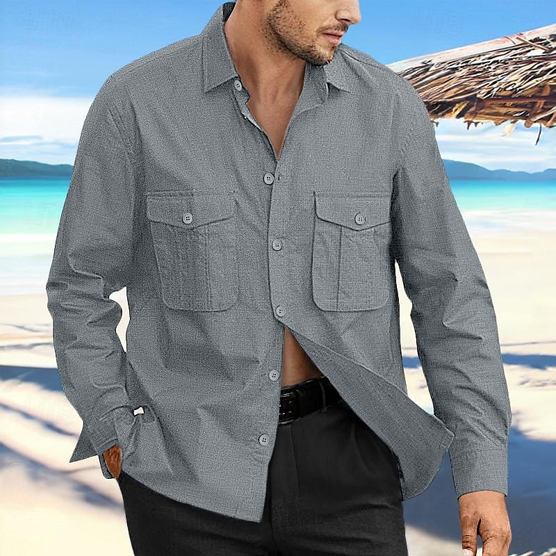 Herren Hemd leinenhemd Sommerhemd Strandbekleidung Knopfhemd Glatt Urlaub Curise Schwarz Marineblau Blau Khaki Langarm Kargen Frühling Sommer Bekleidung Tasche 2025 - $26.99 –P3