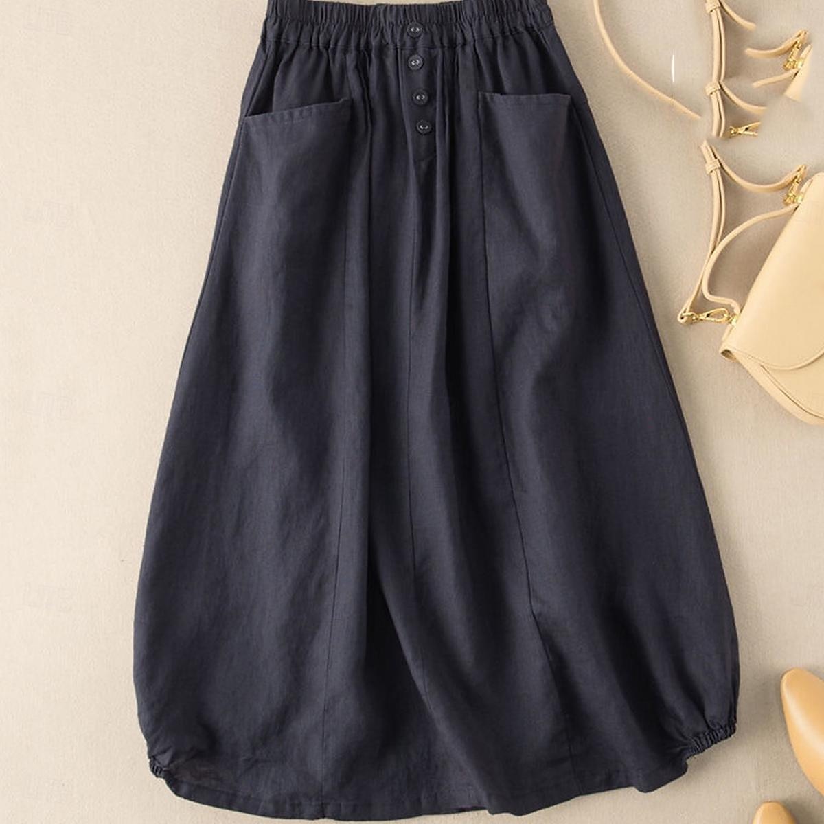 Women's Skirt A Line Basic Casual Midi High Waist Skirts Solid Colored Pocket Casual Daily Weekend Black Army Green Navy Blue Khaki Summer Cotton And Linen 2025 - $36.99 –P6