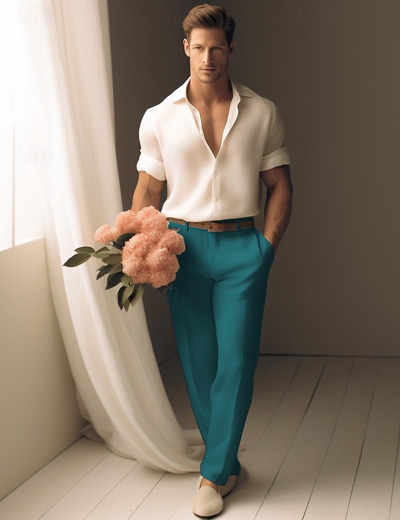 40% Linen Men's Linen Pants Trousers Summer Pants Pocket Straight Leg Plain Breathable Comfortable Office / Career Daily Vacation Classic Casual Black White 2025 - $31.99 –P6