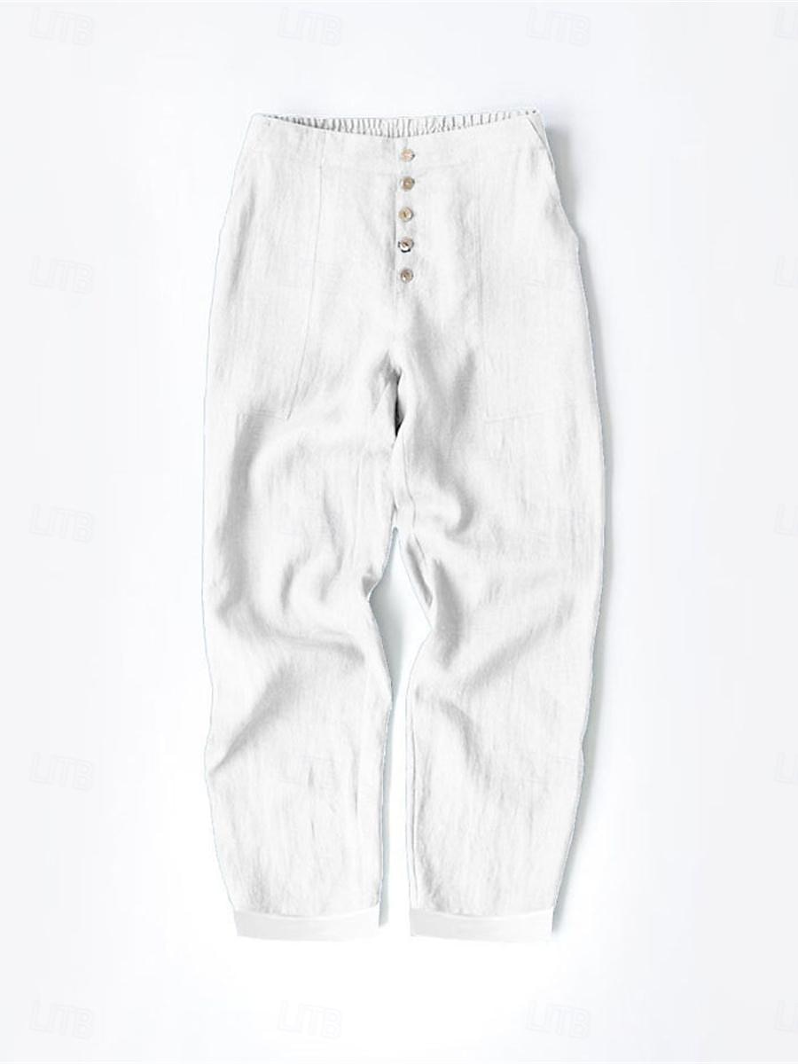 Women's Cotton Linen Pants Fashion Basic Comfort Pure Color Pocket Elastic Waist Breathable Micro-elastic Street Daily Black White Navy Blue Brown Summer 2025 - $21.99 –P2
