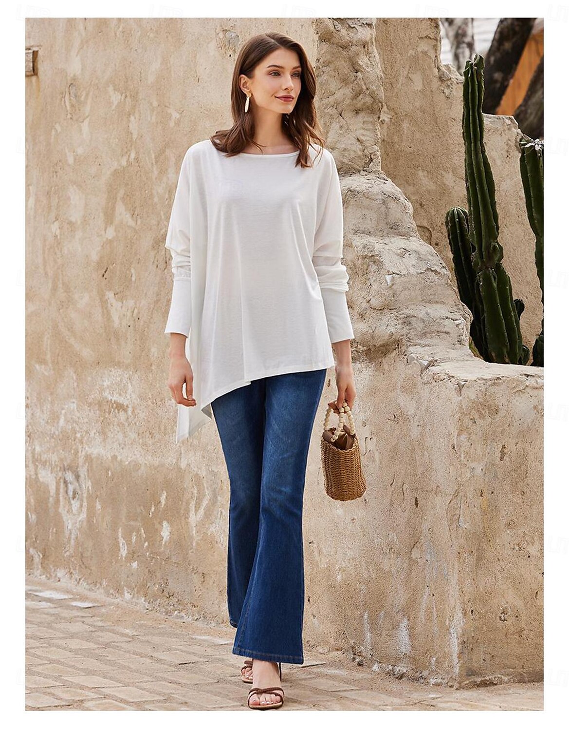 T shirt Tee Women's Darkblue Black White Solid / Plain Color Patchwork Irregular Hem Street Date Daily Classic Round Neck Regular Fit S 2025 - $38.99 –P6