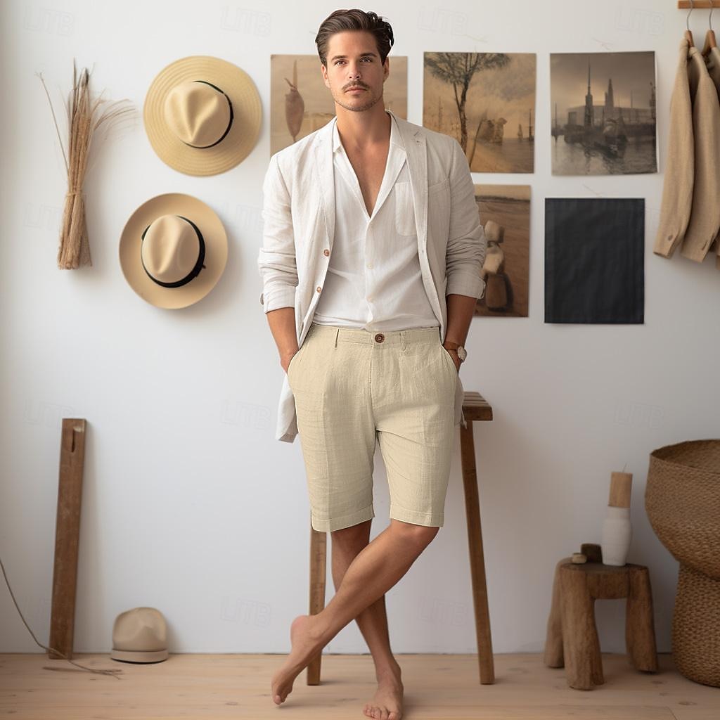 40% Linen Men's Shorts Linen Shorts Summer Shorts Button Up Pocket Plain Breathable Comfortable Short Daily Vacation Going out Classic Casual White Navy Blue 2025 - $25.99 –P8