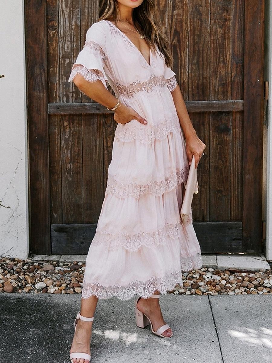Women's White Dress Long Dress Maxi Dress Lace with Sleeve Wedding Date Vacation Elegant Bohemia V Neck Half Sleeve Black Pink Color 2025 - $63.99 –P14