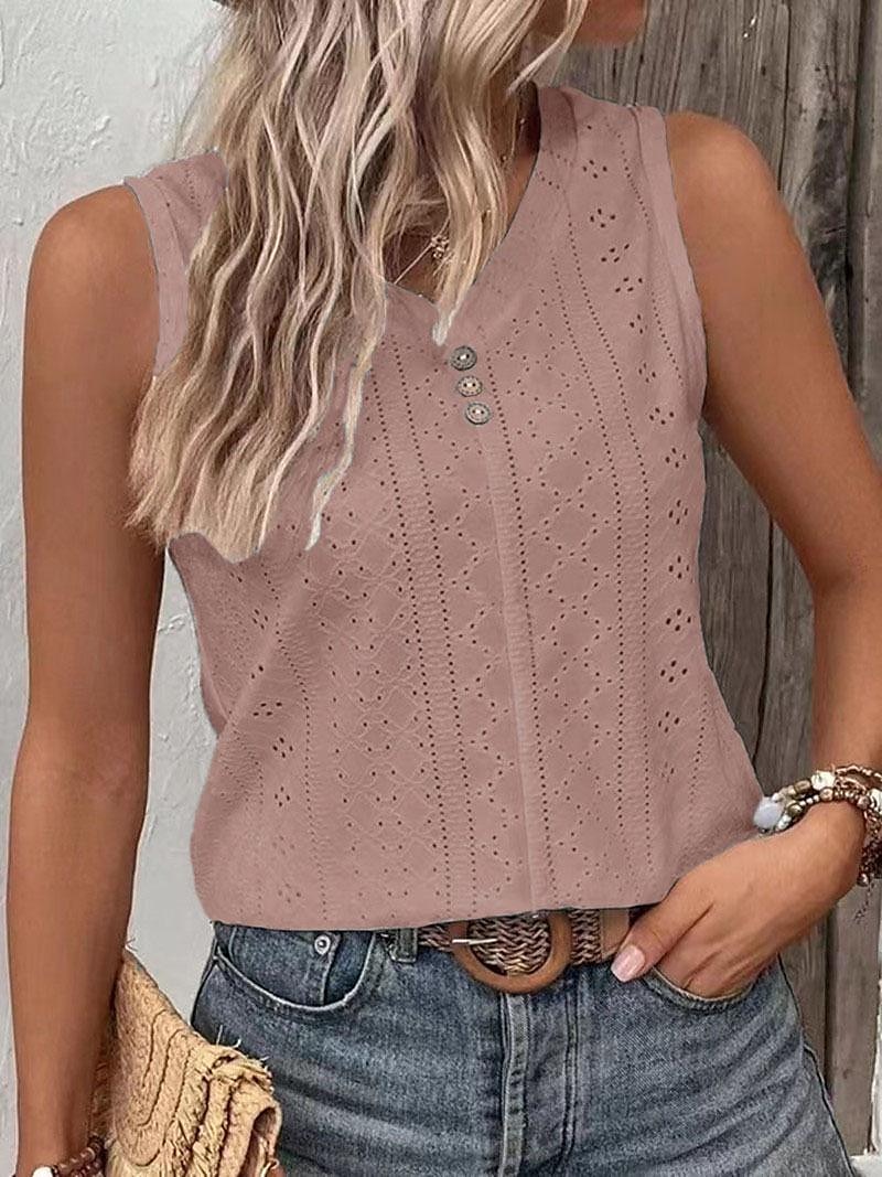 Top in canotta da donna senza maniche in pizzo occhiello scollatura a V estate casual bianco con dettagli a bottoni tessuto morbido abbigliamento quotidiano versatile taglie disponibili del 2025 a $22.99 –P5