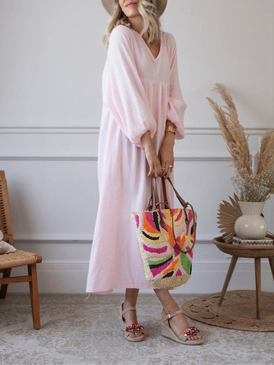 Women's Pink Orange Rose Red Summer Spring Maxi Dress Linen-Inspired Dresses Casual Dress Basic Modern Daily Weekend Loose Fit Plain V Neck 2025 - $32.99 –P10