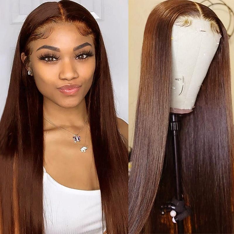 Parrucca frontale in pizzo con capelli umani veri, capelli lisci, 150% densità, castano 13*4, 4# del 2025 a $145.99 –P3