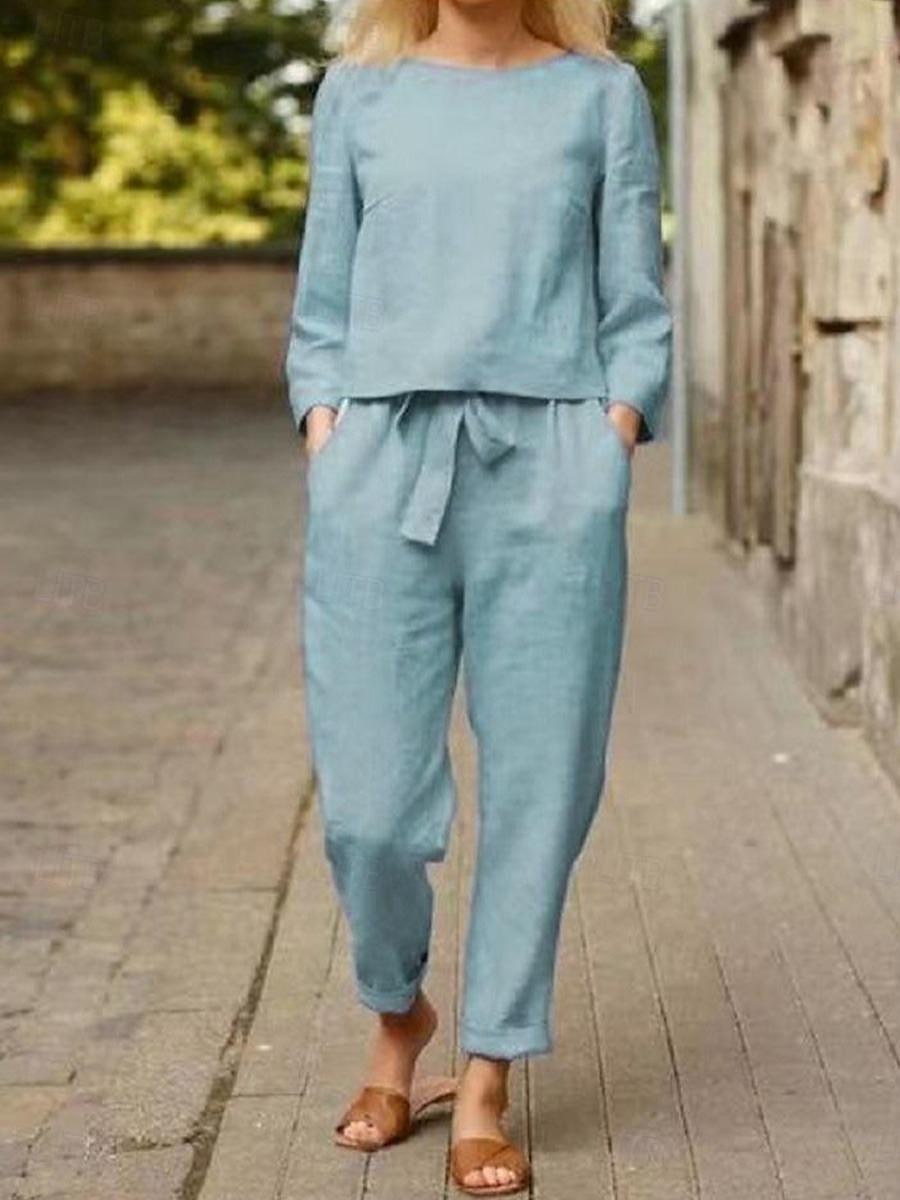 Women's Loungewear Two Piece Sets Simple Casual Comfort Pure Color Pocket Shirt Cotton Linen Sets Pant Vacation Home Daily Long Sleeve Crew Neck Black Blue Orange Beige Summer Spring 2025 - $28.99 –P6