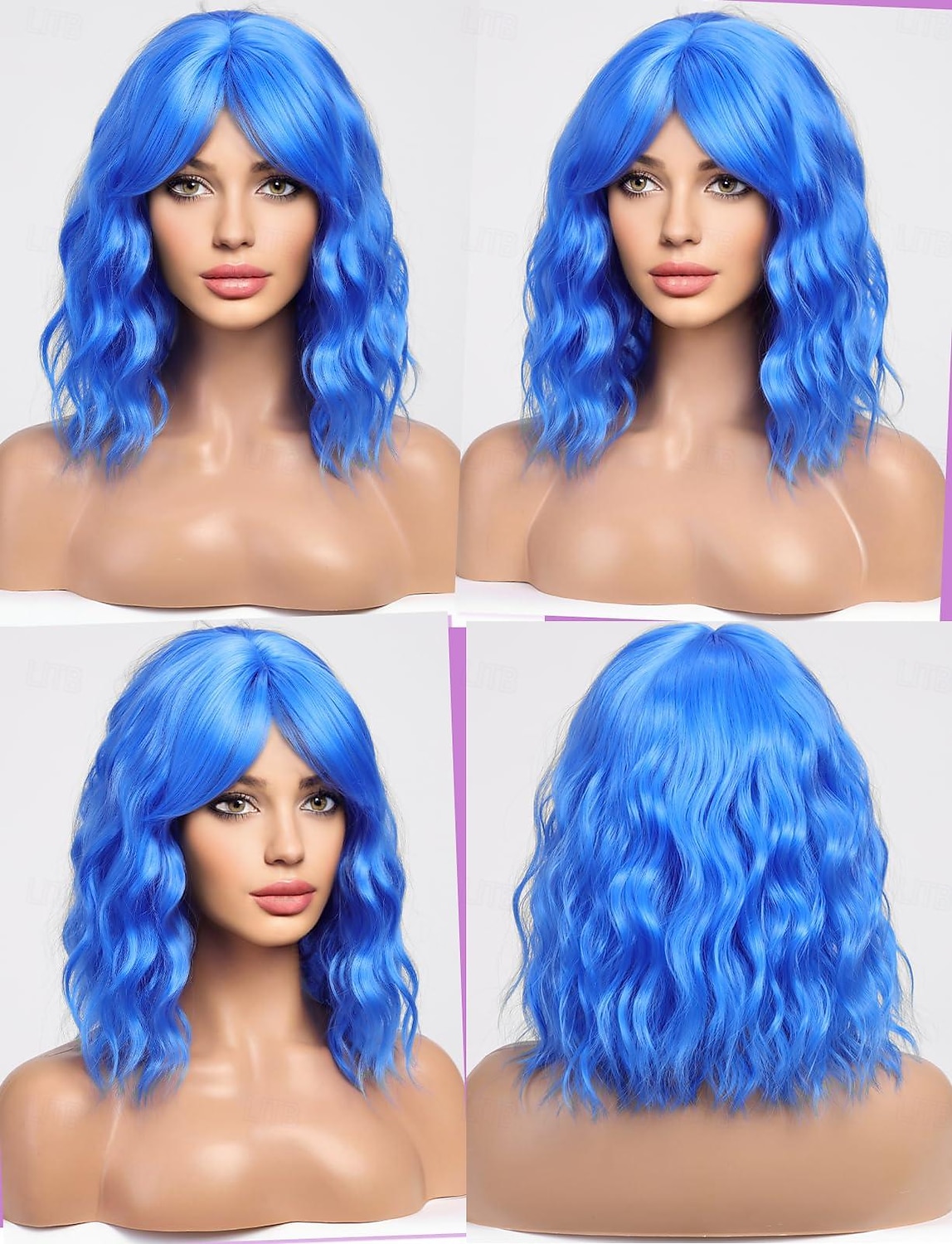 Blaue gewellte Bob-Perücken für Frauen, Kunsthaarperücke mit Pony für den täglichen Gebrauch, Karnevalsperücken 2025 - $18.49 –P3