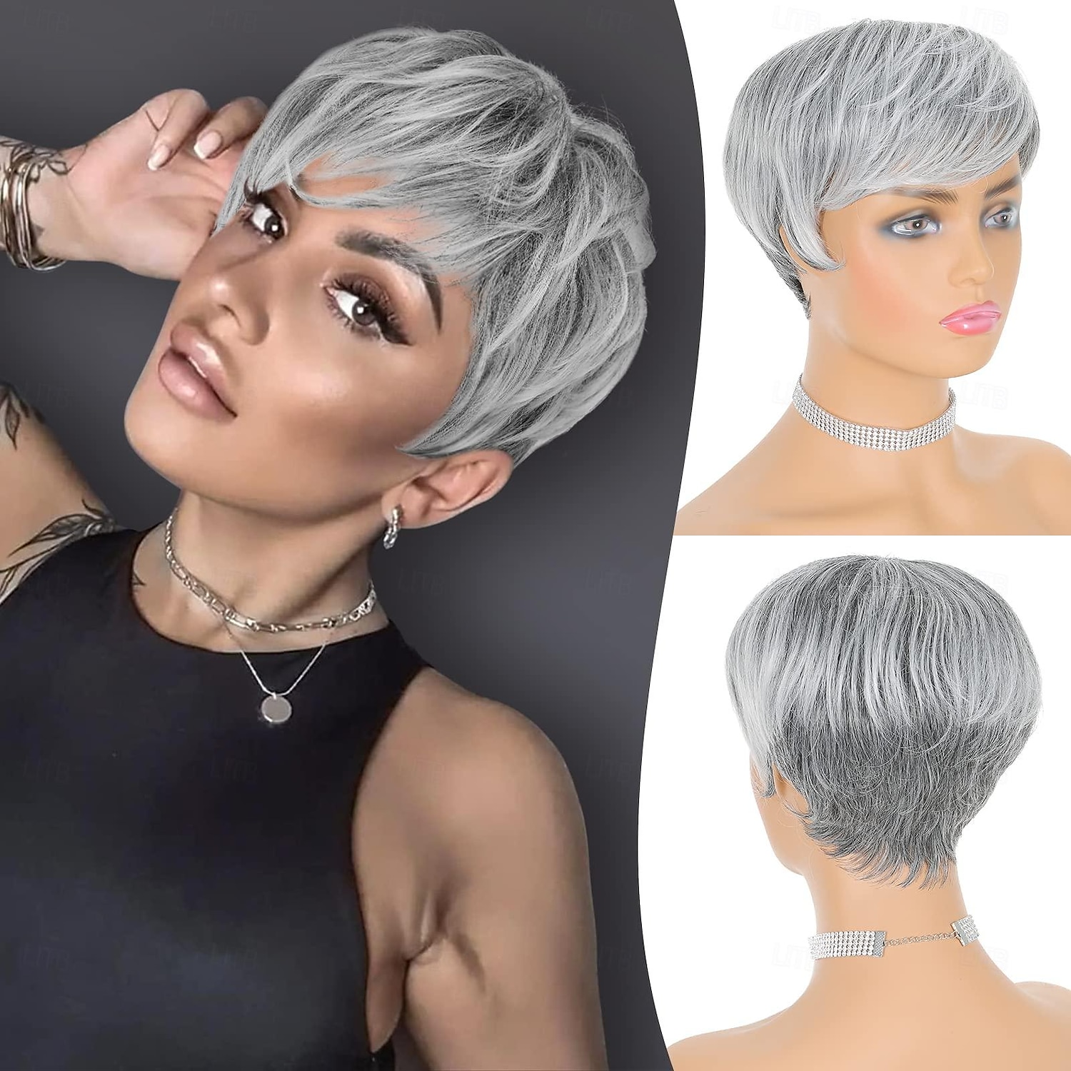 Pixie-Schnitt-Perücken, synthetische kurze graue Pixie-Haarschnitt-Perücke mit Pony, leimlose, geschichtete Perücke, gewellte graue bis schwarze Perücken für Frauen 2025 - $18.49 –P1