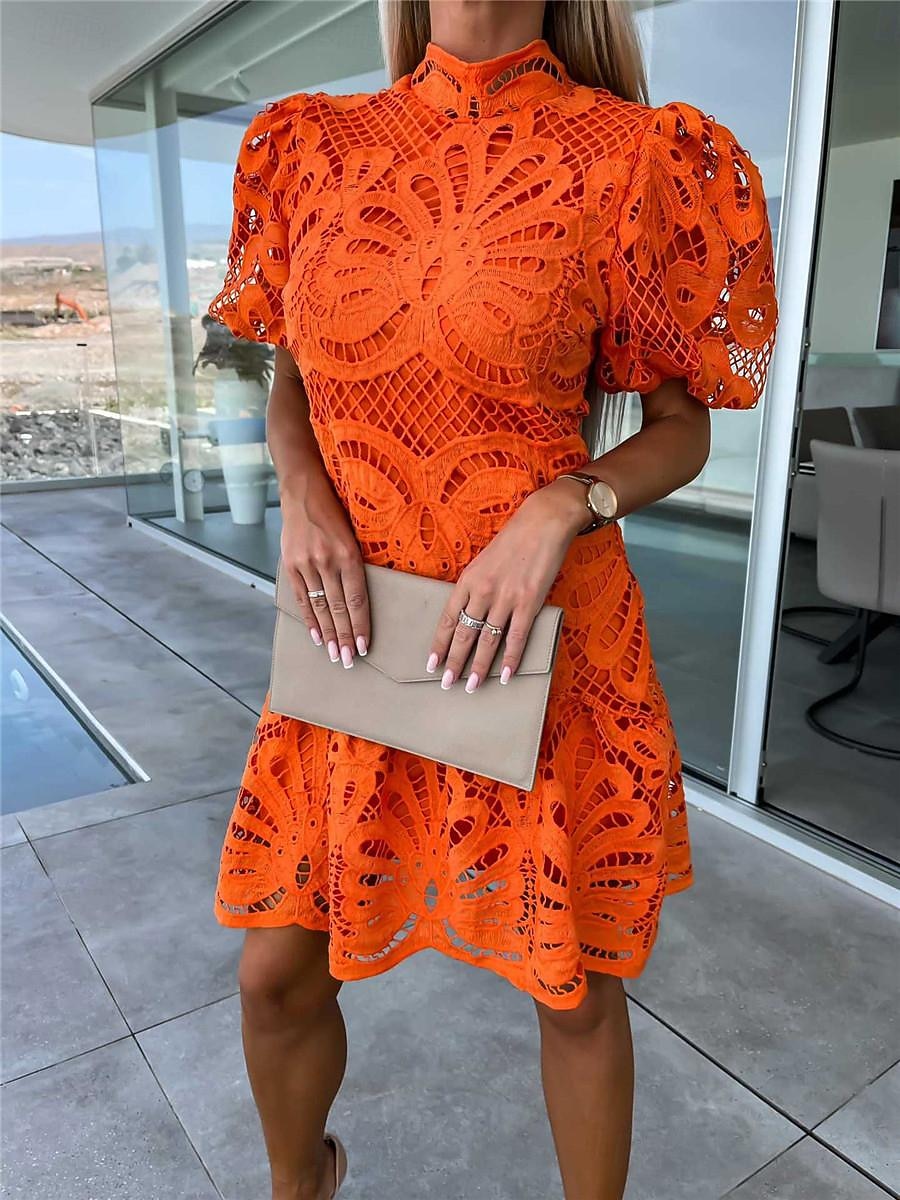 Damen Minikleid Spitzenkleid Weißes Kleid Weißes Spitzenhochzeitskleid Elegant Urlaub Ferien Normale Passform Kurzarm Stehkragen Weiß Purpur Fuchsie Orange Sommer 2026 - $38.99 –P14