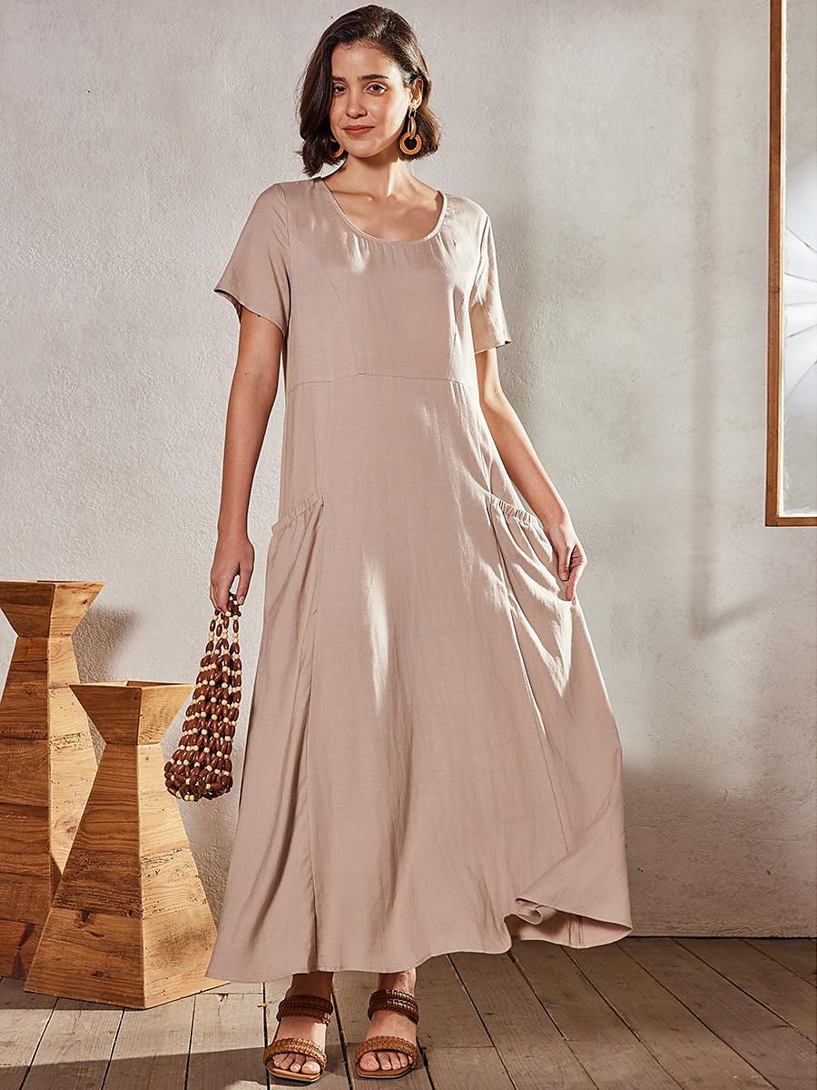 Dámské Světlá růžová Nebeská modř Khaki Léto Maxi dlouhé šaty Maxi šaty Bavlněné lněné šaty Volnočasové šaty Jednobarevné Denní Volný Tričkový 2025 - $26.99 –P9