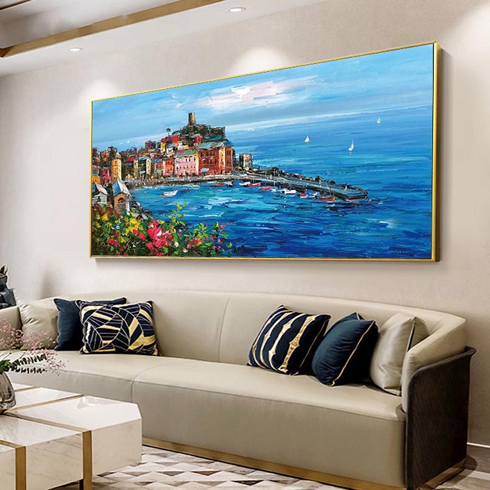 met de hand geschilderd mediterraan landschap olieverfschilderij op canvas impressionistisch schilderij van de middellandse zee canvas kunst getextureerde kustschildering muurkunst schilderij voor 2025 - $66.99 –P5