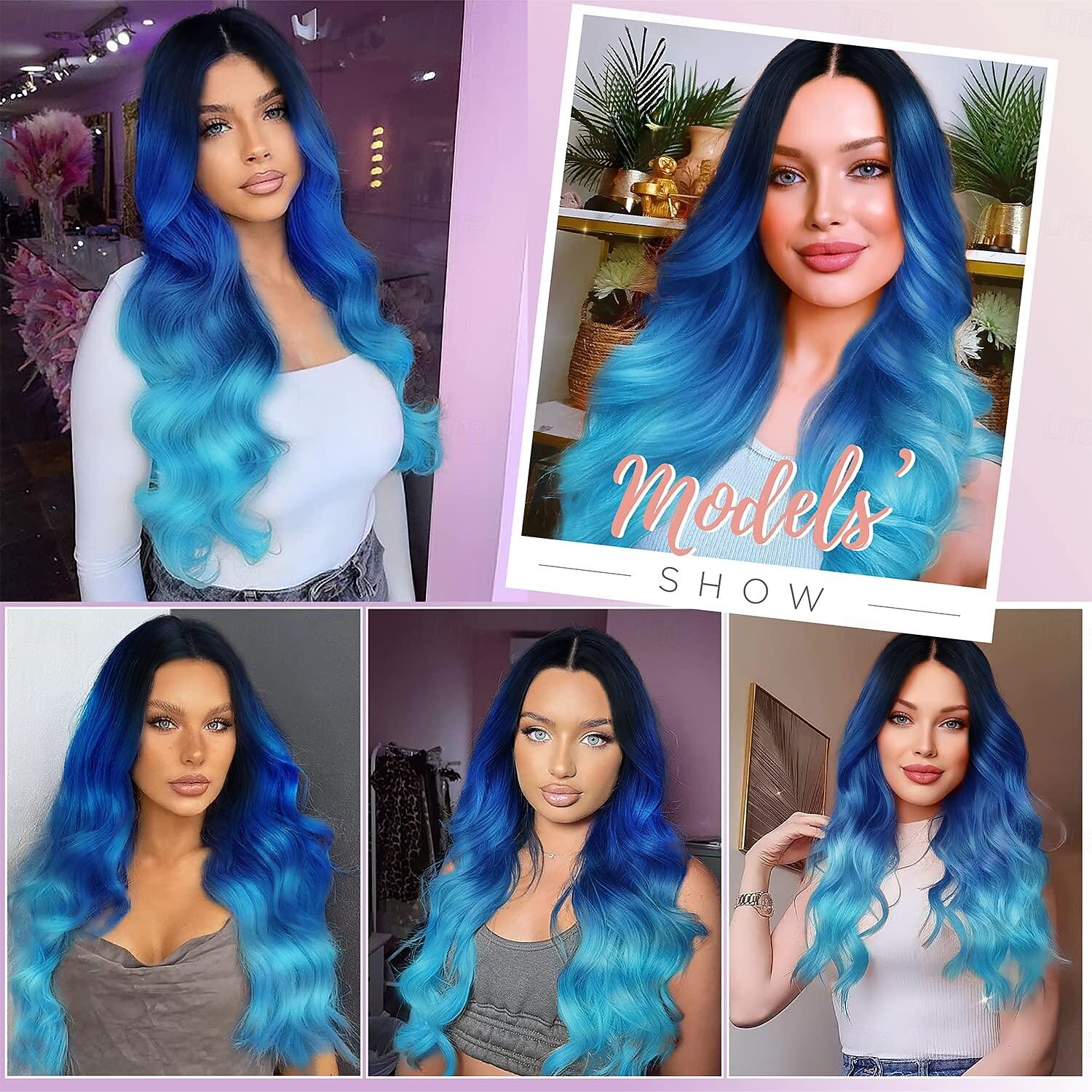 Hosszú kék hullámos parókák nőknek ombre kék tengerész haj parókák hosszú göndör szintetikus haj mindennapi vagy cosplay Halloween parókákhoz 2025 - $21.99 –P5