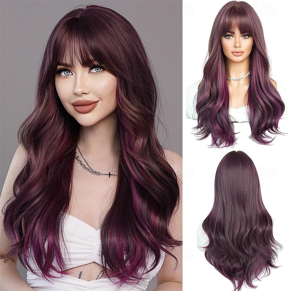 lunghe parrucche ondulate viola con frangia 26 pollici ricci sintetici parrucche ombre resistenti al cuore per le donne cosplay di feste quotidiane usate del 2025 a $21.99 –P13