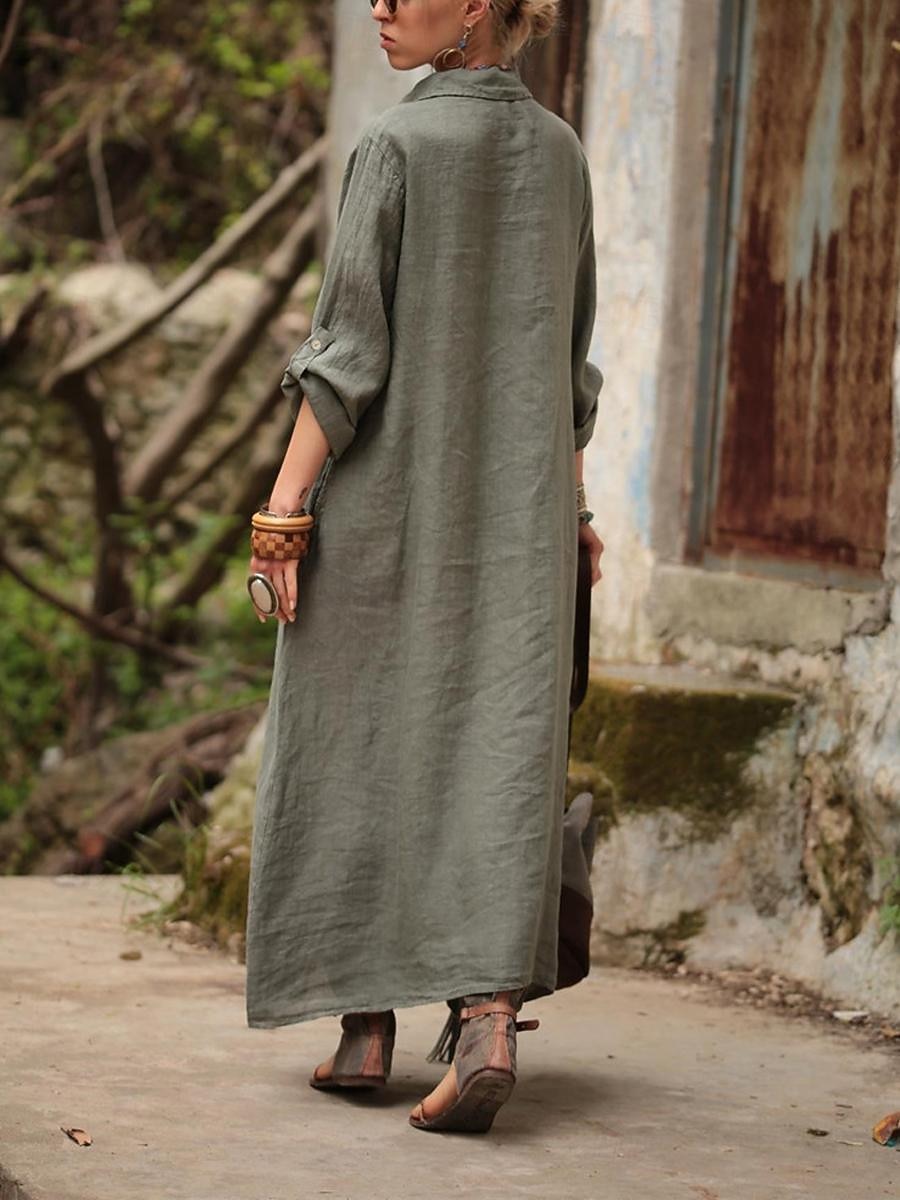 Damen Maxikleid Shiftkleid Hemdblusenkleid Baumwoll-Leinen-Kleider Freizeitkleid Basic Modern Täglich Wochenende Lässiger Schnitt Einfach Langarm Hemdkragen Armeegrün Aprikose Sommer Frühling 2026 - CAD $68.99 –P4