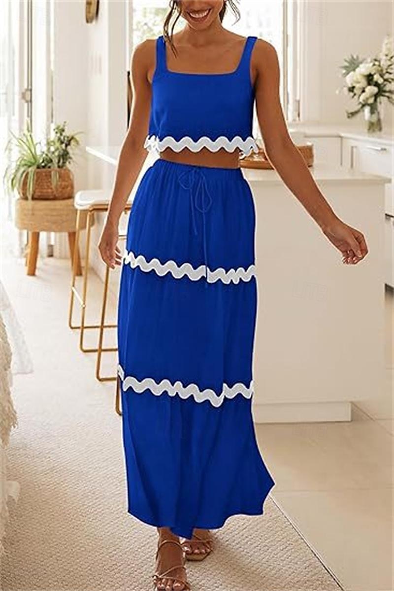 Women's Dress Set Casual Dress Skirt Set Print Dress Fashion Modern Stripe Print Long Dress Maxi Dress Sleeveless Strap Outdoor Date Black White Red Summer Regular Fit 2025 - $44.99 –P8