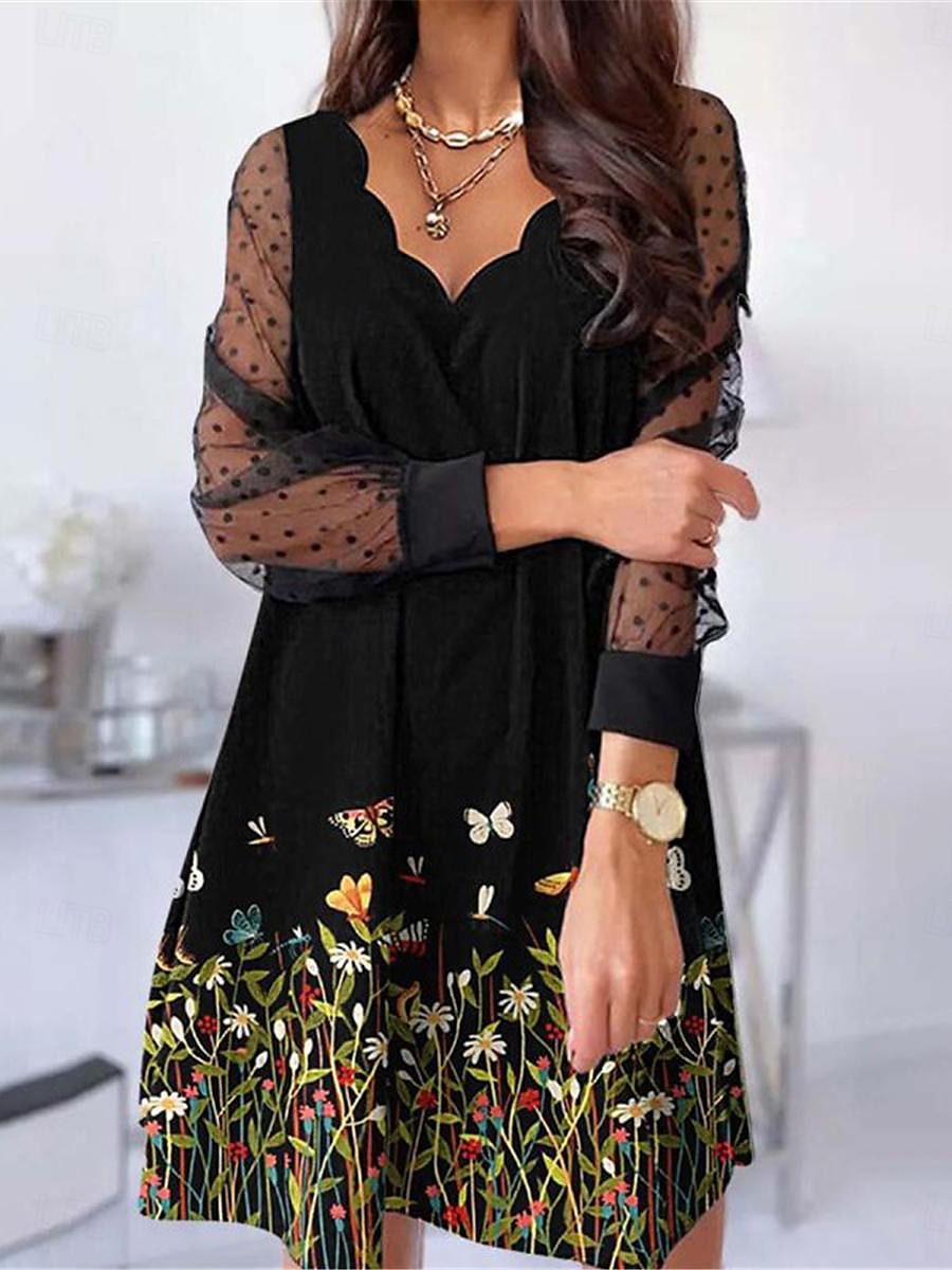 Damen Freizeitkleid Blumen Mesh Patchwork Wellenkanten Minikleid Urlaub Langarm Sommer 2026 - $26.99 –P2
