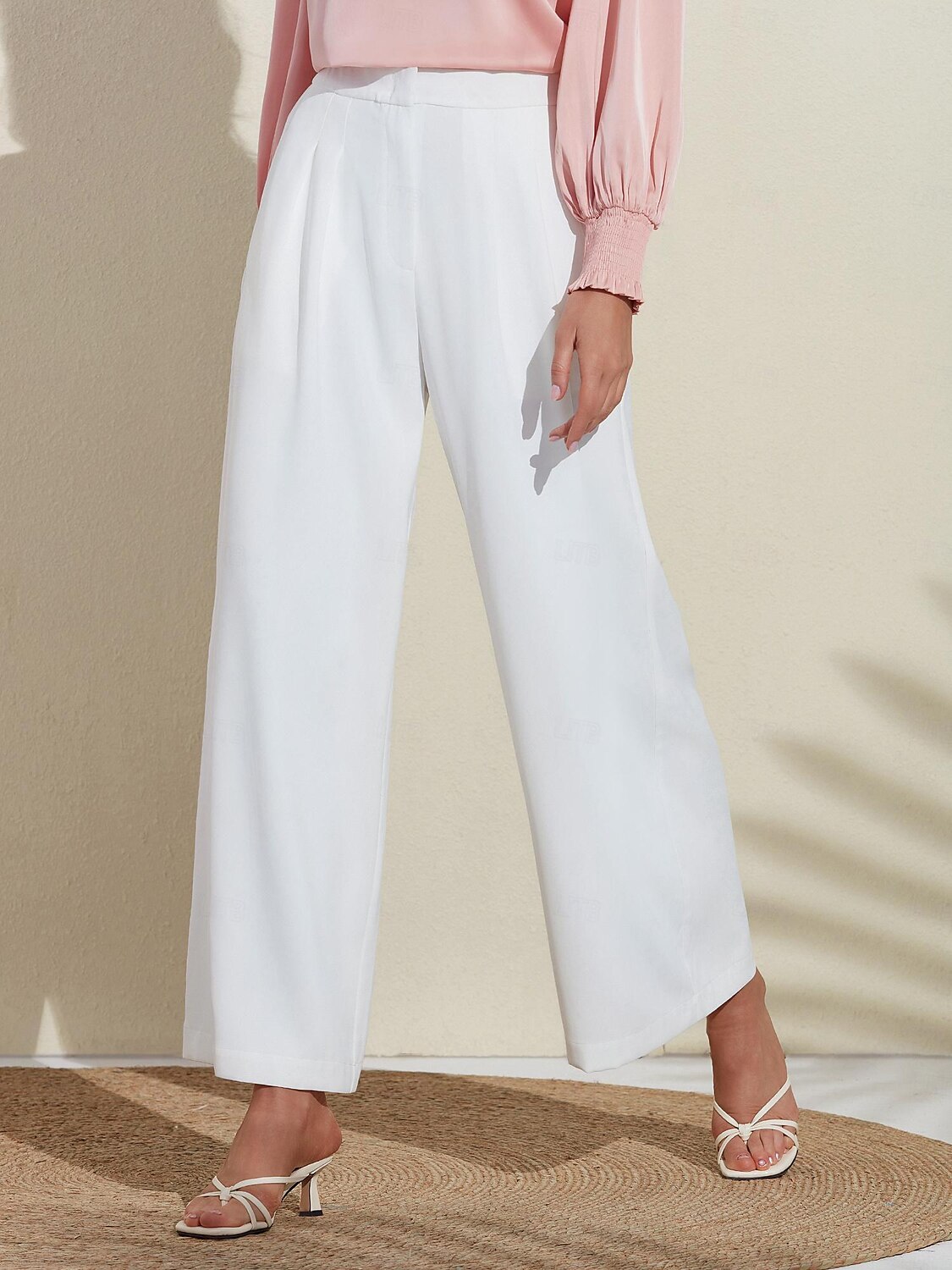 Damen Basic-Hose in Weiß, weites Bein, volle Länge, elastische Taille 2025 - $46.99 –P6