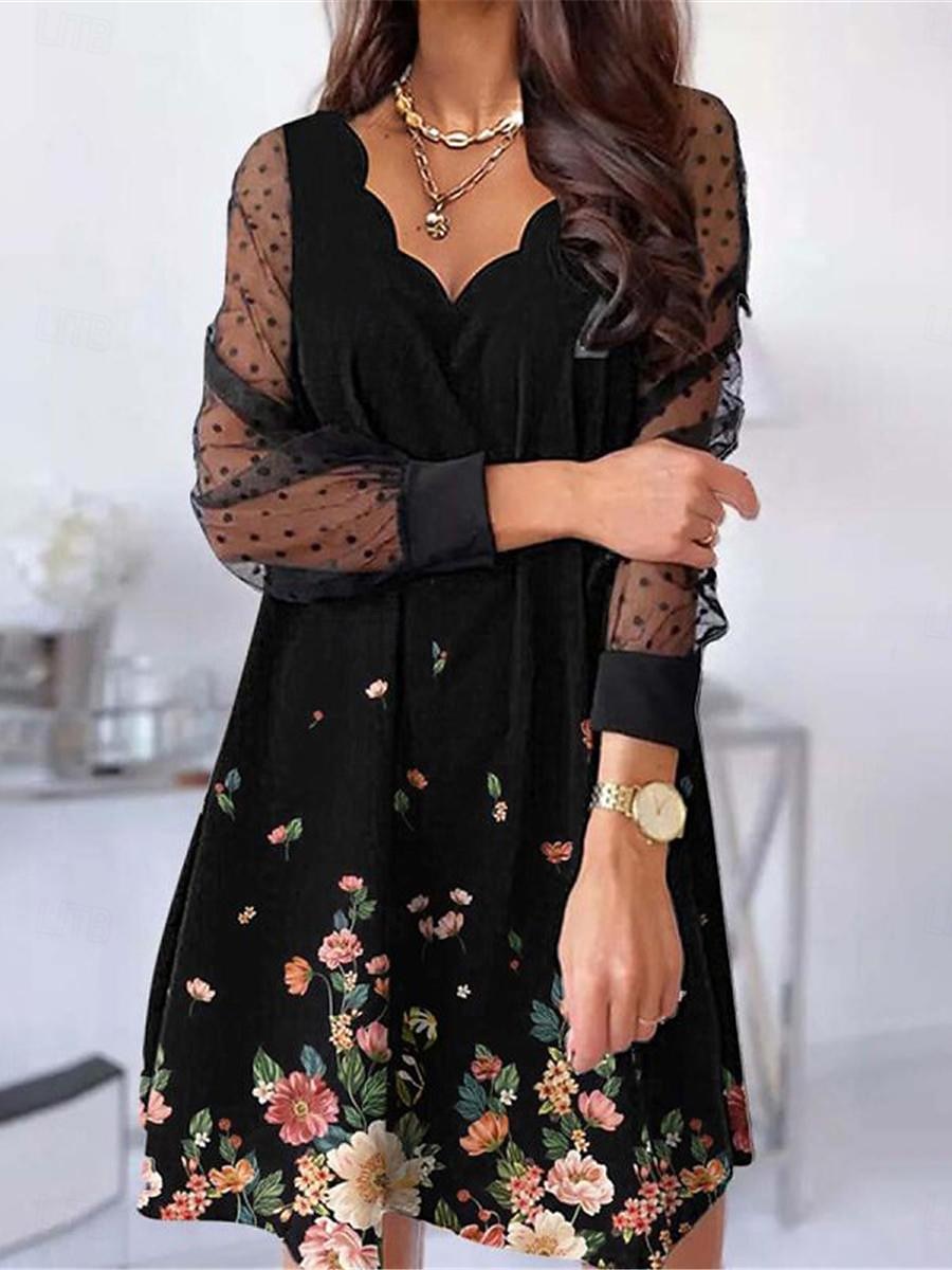 Damen Freizeitkleid Blumen Mesh Patchwork Wellenkanten Minikleid Urlaub Langarm Sommer 2026 - $26.99 –P3