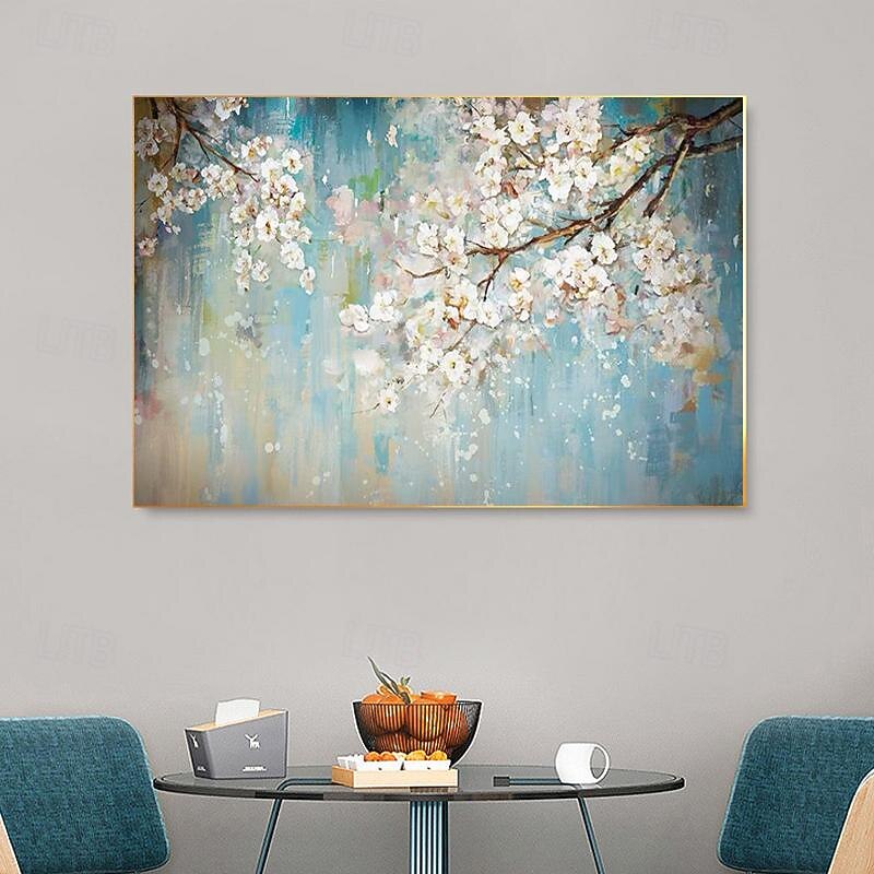 handgemaltes abstraktes Kirschblüten-Ölgemälde auf Leinwand, großes Wandkunstwerk, originale Blütenkunst, weißes Gemälde, Blumengemälde, Wohnzimmerdekoration, gespannte Leinwand, fertig zum Aufhängen 2025 - $154.99 –P1
