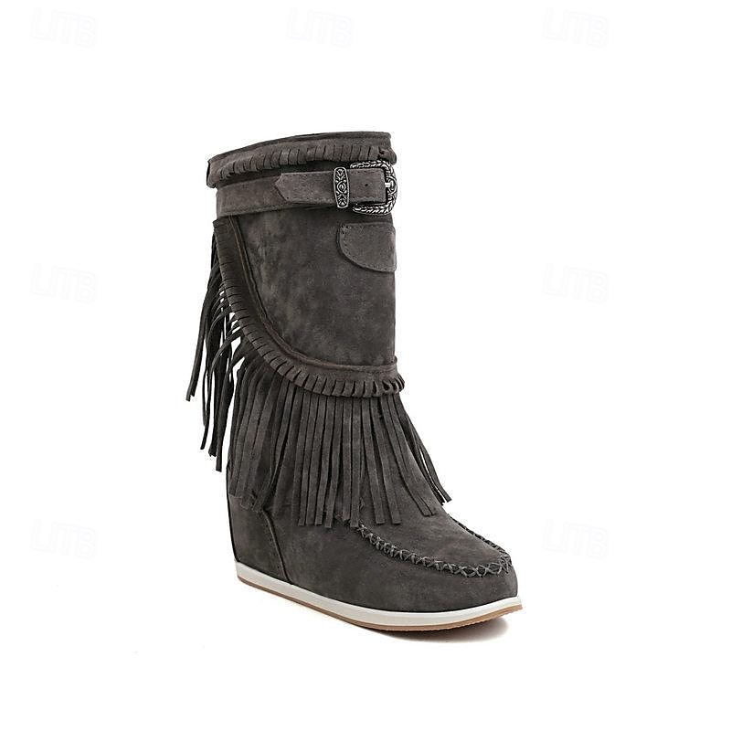 Femme Bottes Chaussures en daim Grandes Tailles Soirée Extérieur Travail Couleur unie Bottes mi-mollet Hiver Gland Talon Plat Rétro Vintage Mode Décontractées Faux suède Mocassins Noir Marron Gris de 2025 ? $64.99 –P2