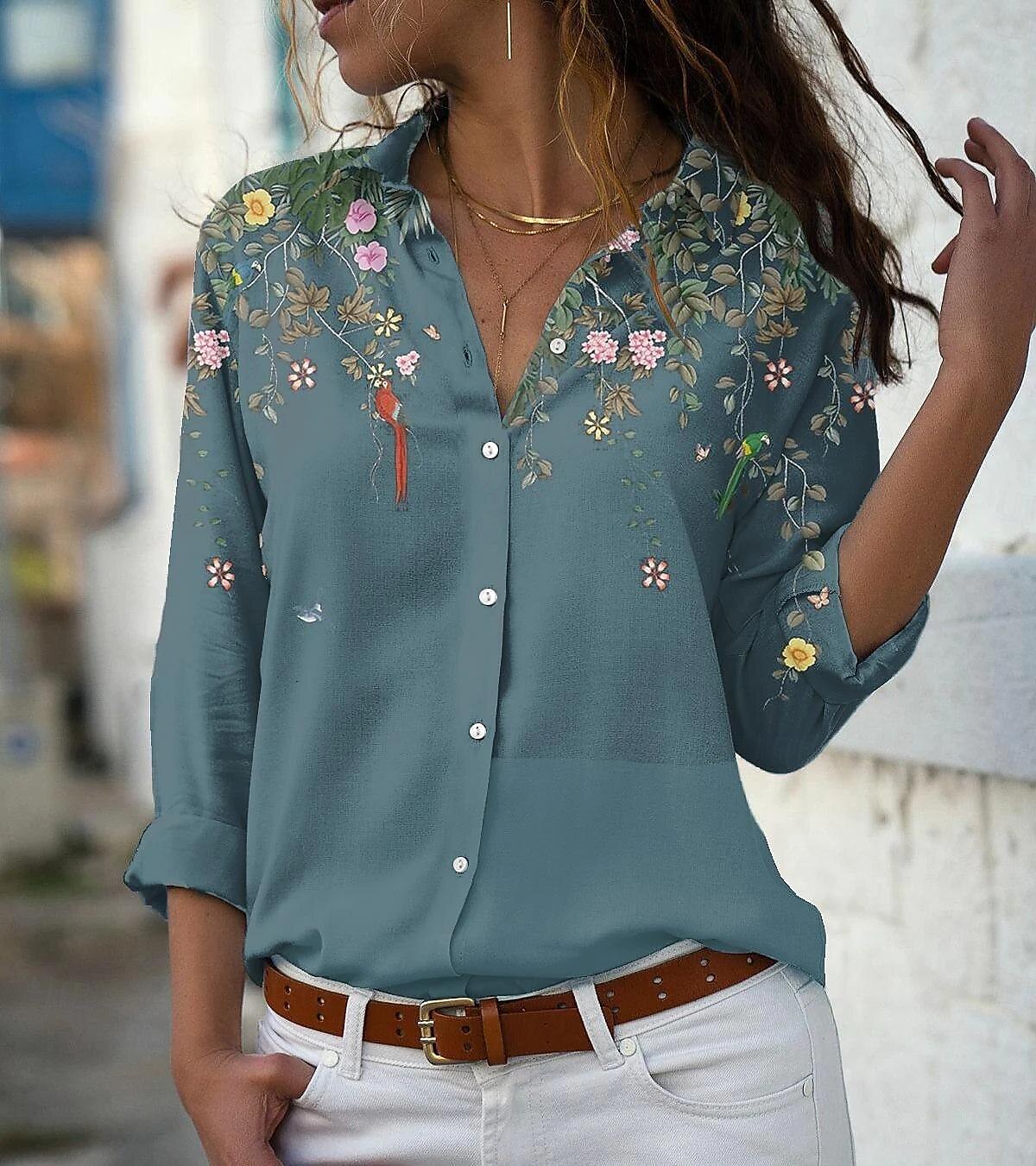 dameskjorte bluse mote blomsterknapper med lange ermer vanlige topper skjortekrage uformell ferie rosa blå grønn vår & falle 2025 - €26.99 –P2
