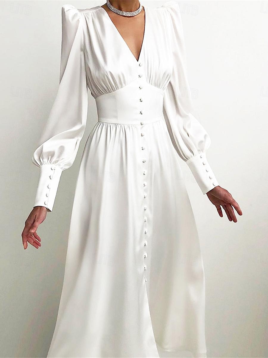 Dames Witte jurk Lange jurk maxi-jurk nappi Afspraakje Vakantie Streetwear Maxi V-hals Lange mouw Zwart Wit Blozend Roze Kleur 2025 - $60.99 -P12
