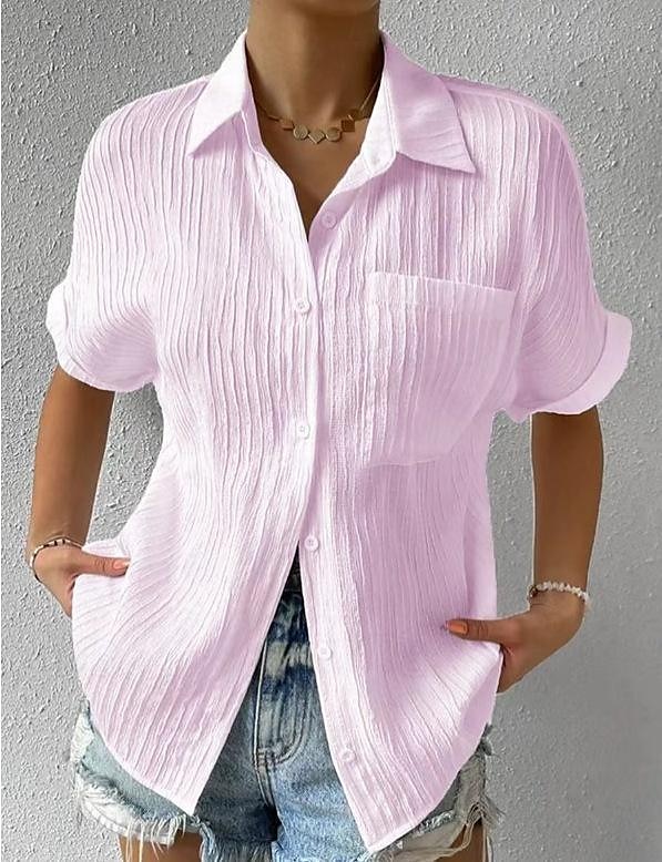 Hemd Bluse Damen Weiß Rosa Blau Glatt Taste Tasche Strasse Täglich Modisch Hemdkragen Regular Fit S 2025 - $26.99 –P2