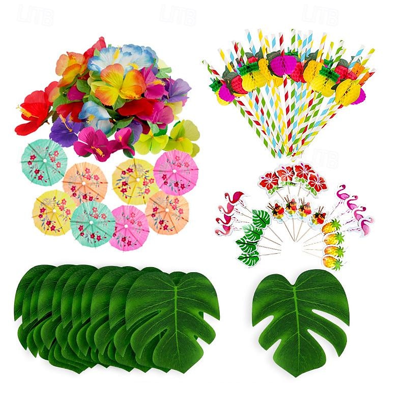 114PCS/184PCS Hawaiian Festival Party Turtle Back Leaf Hibiscus Flower Paper Straw Umbrella 24 Cake Sticks Combination Package 2025 - $27.99 –P6